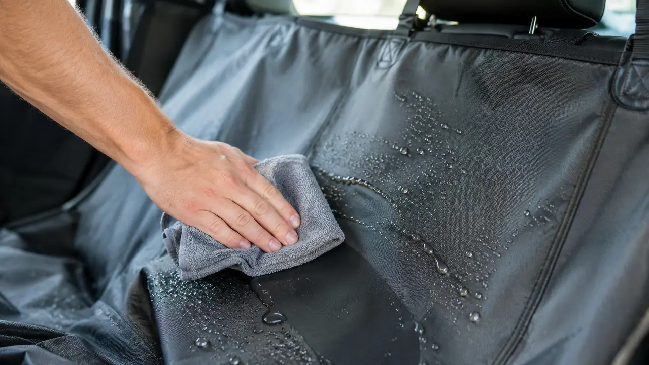 Water beaded on the surface of a waterproof hammock-style car seat cover, a hand wiping the beads away