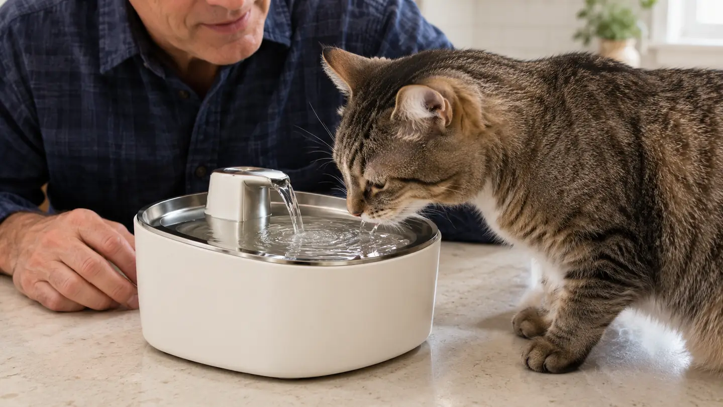 A cat lapping from the stream of a pet water fountain.