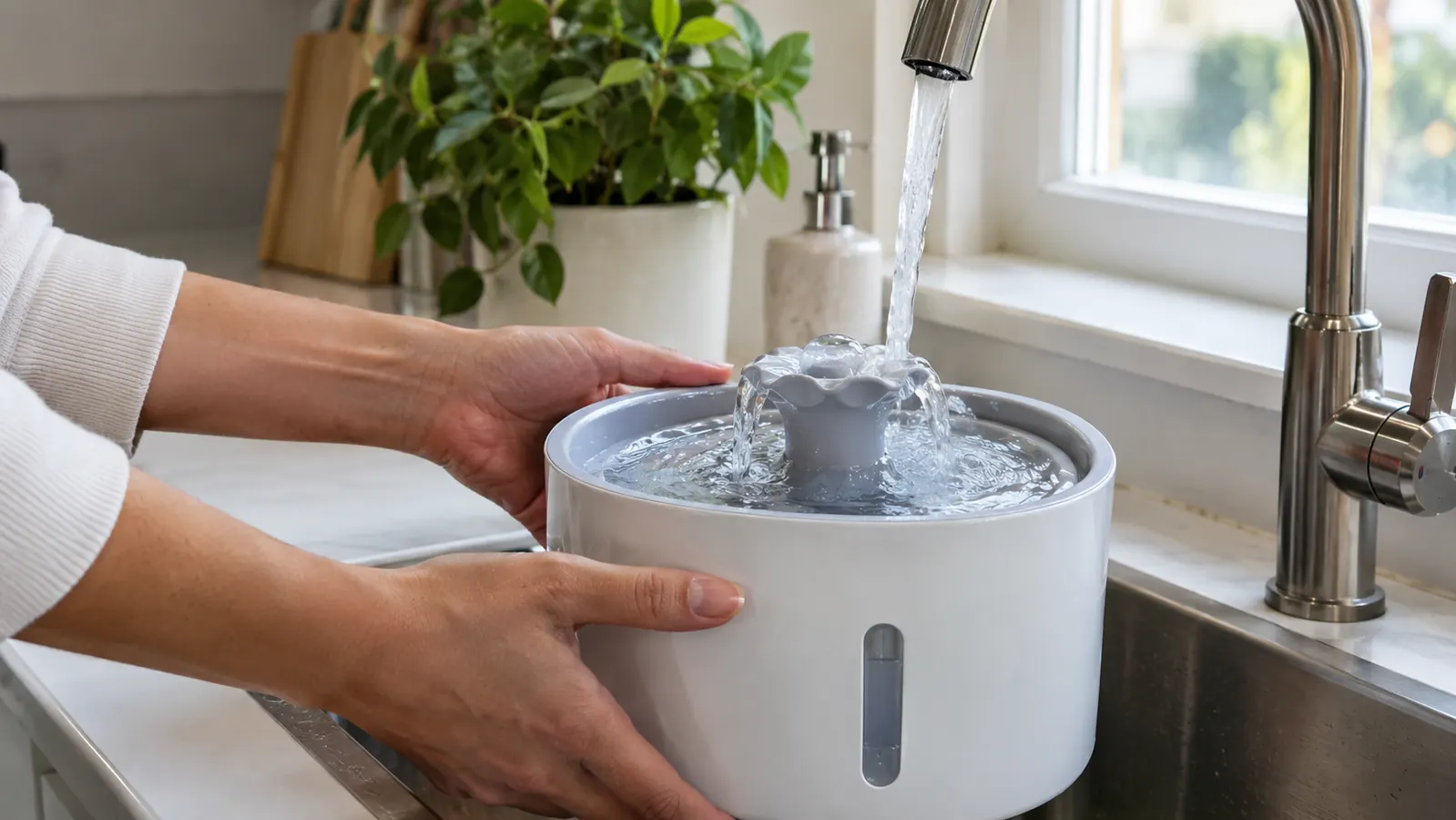 A person filling a pet water fountain at a kitchen sink.