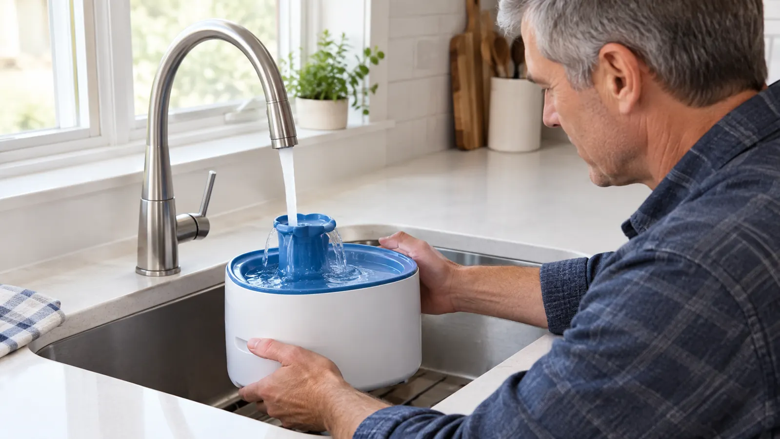 A hand refilling a pet water fountain at a kitchen sink
