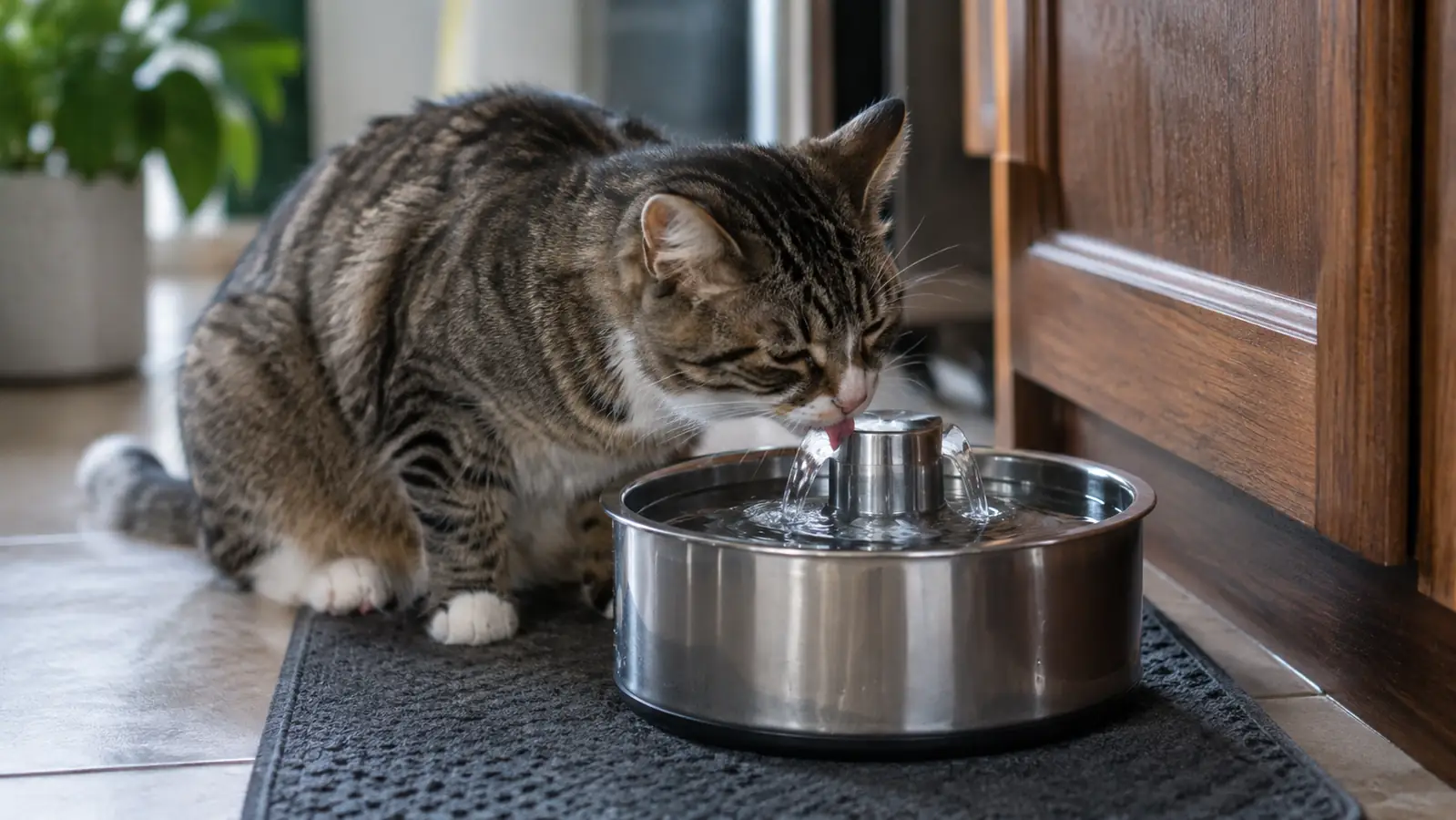 A cat lapping from a water fountain on a kitchen mat