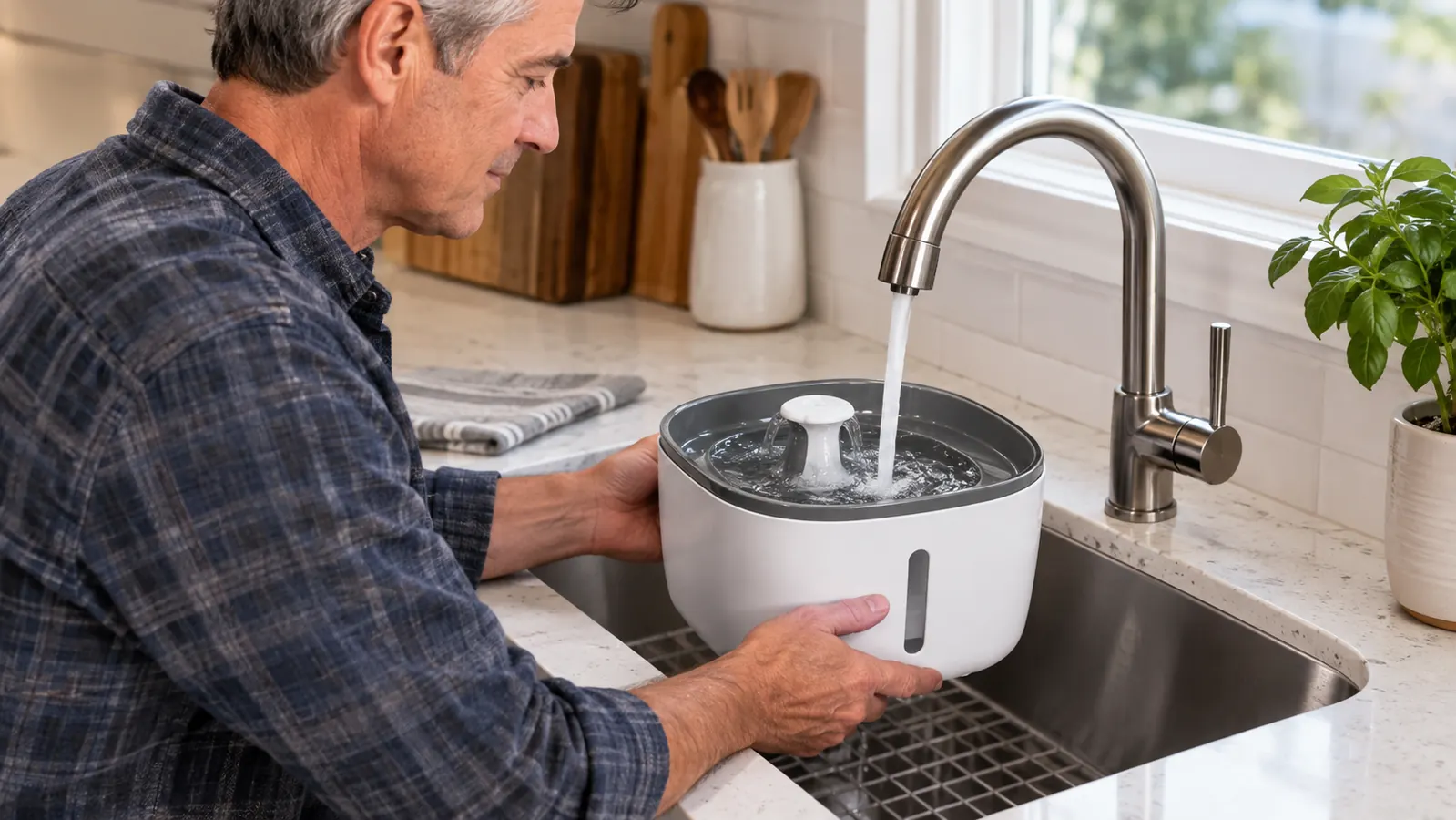 A hand refilling a pet water fountain at a kitchen sink