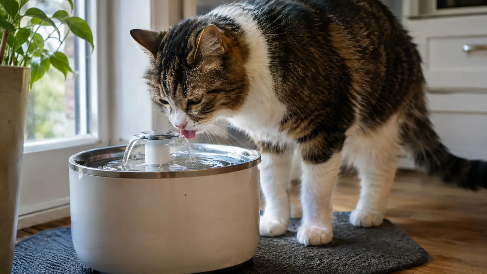 A cat lapping from the top of a pet water fountain on a kitchen mat