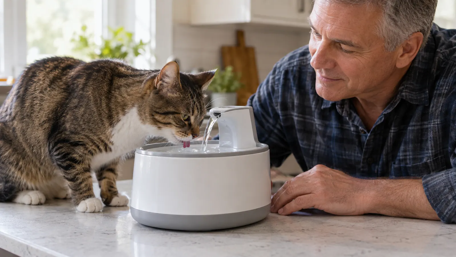 A cat drinking from the water fountain on a kitchen counter while a hand rests near the base