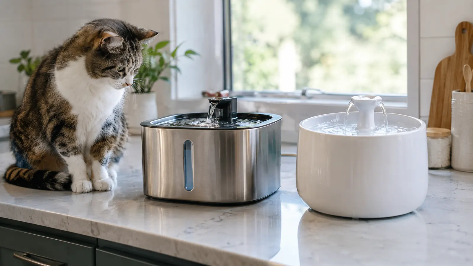 Two pet water fountains side by side on a kitchen counter with a cat sitting nearby